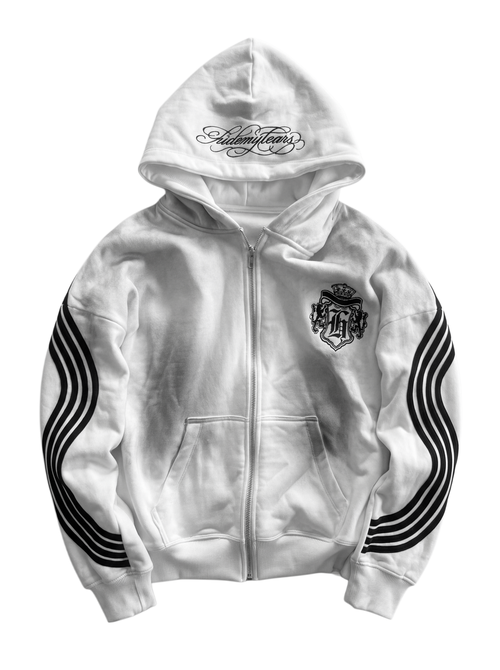 white "hidden tears” zip-up